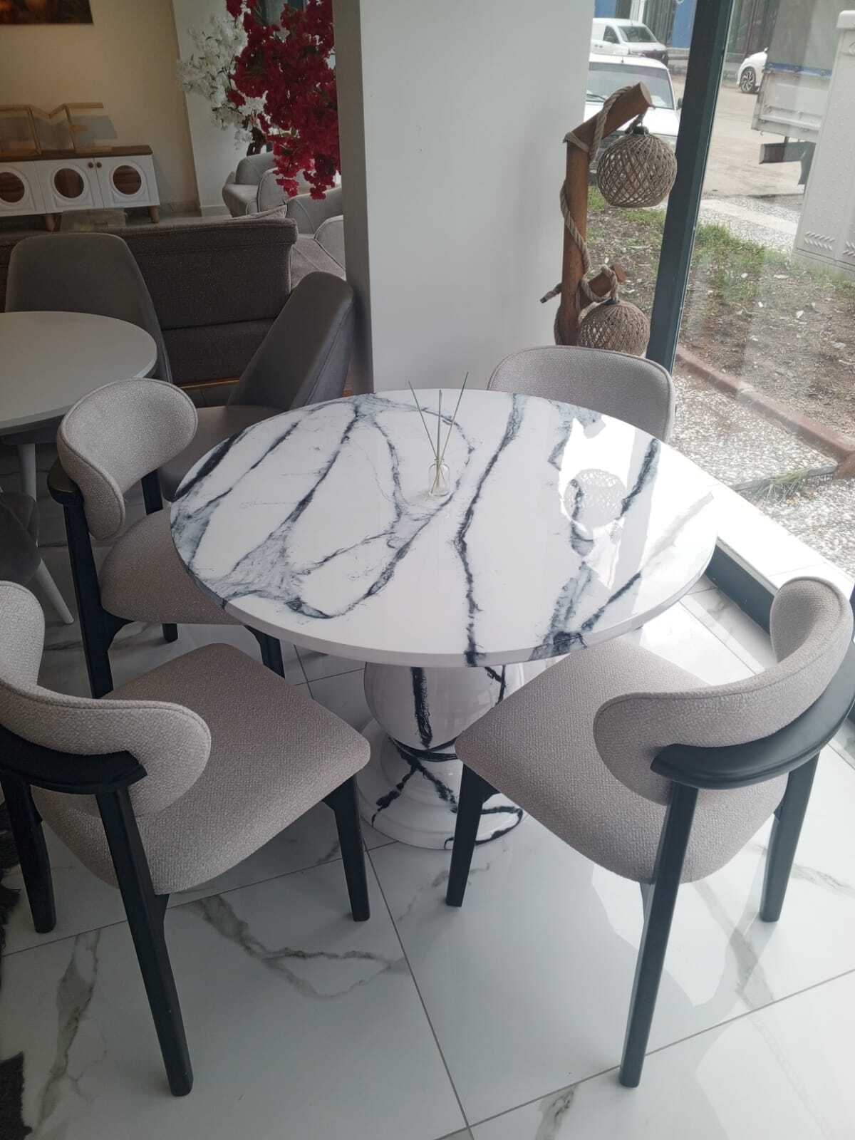 AHSAP YUVARLAK MERMER GORUNUMLU MASA SANDALYE